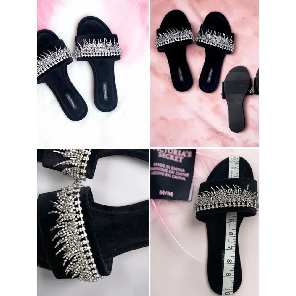 Victoria’s Secret l Black Silver Fringe Bling Flat Slippers, Slides l Med 8-9